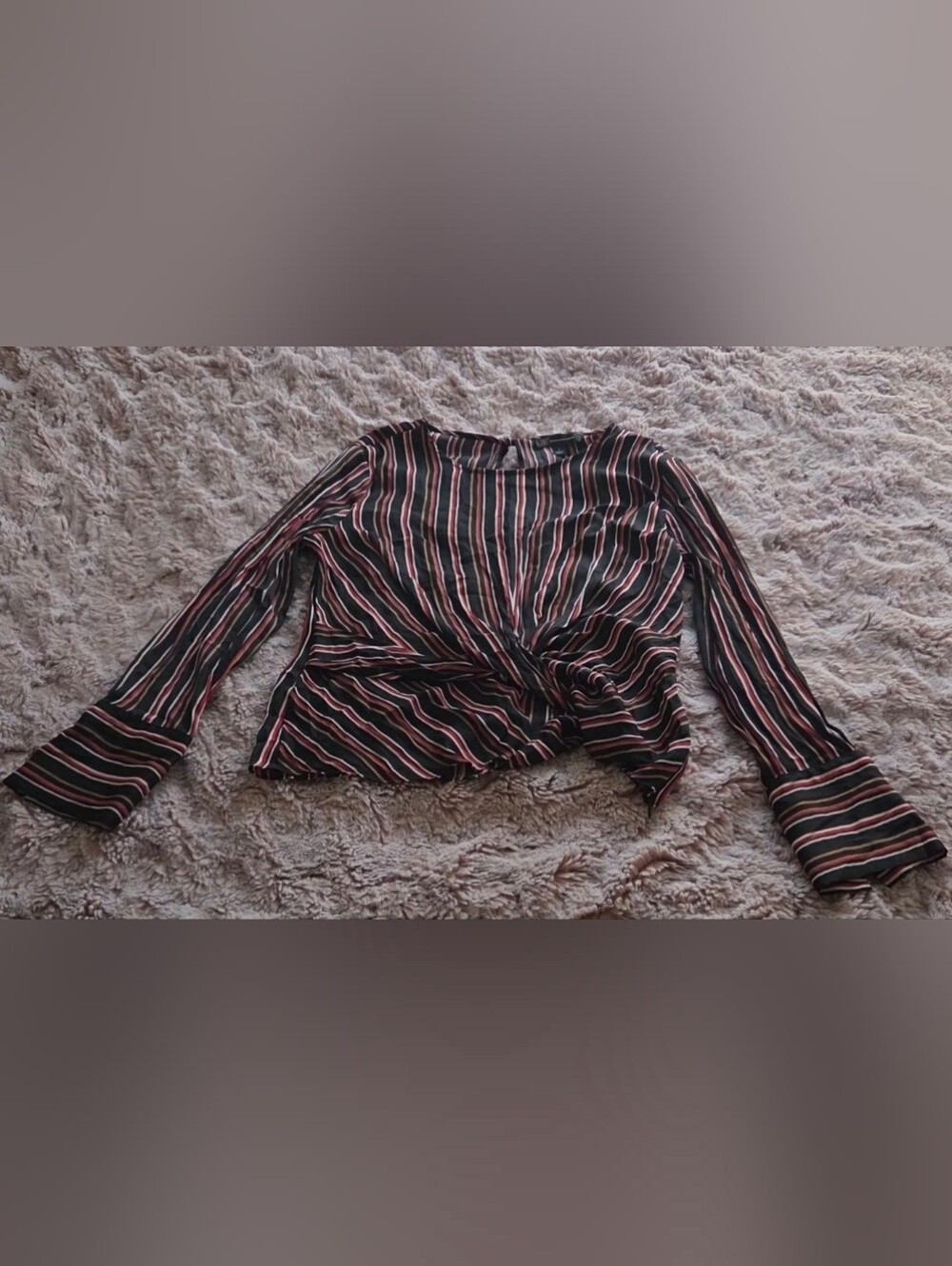 INC International Concepts Black Striped Twist-Front Long Sleeve Top
